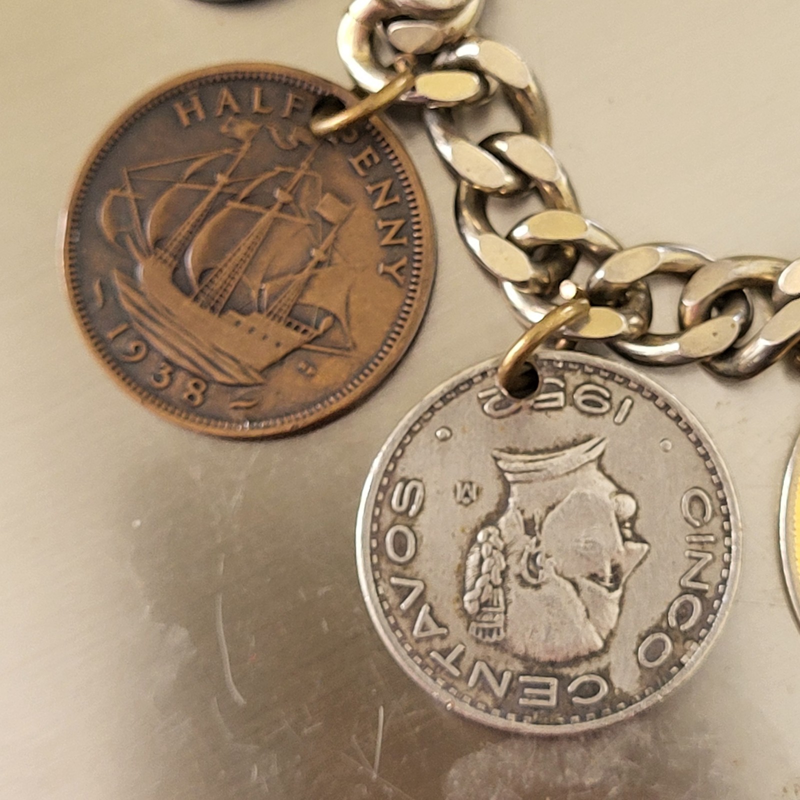 VTG 8 Foreign Coins Tokens of the World Charm Bracelet Silver Tone 1930s-1950s