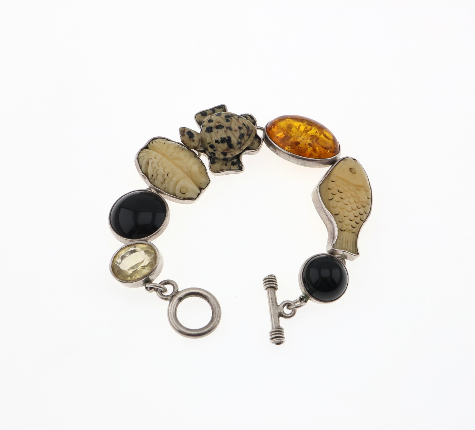Amy Kahn Russell Sterling Silver Carved Stone 7.5 Inch Link Bracelet