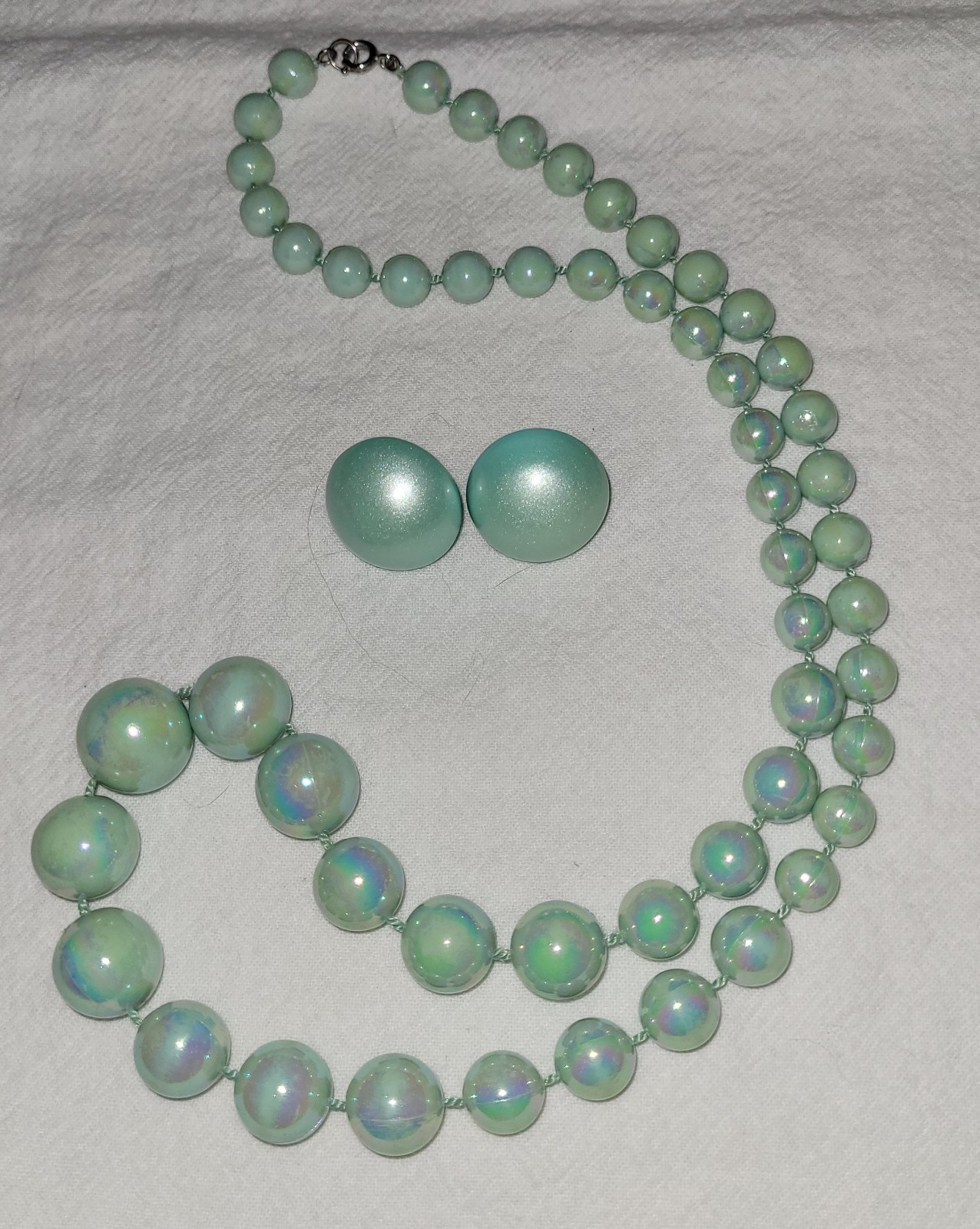 Vintage Teal Blue Aqua Acrylic Iridescent Beaded Necklace W Matching Earrings