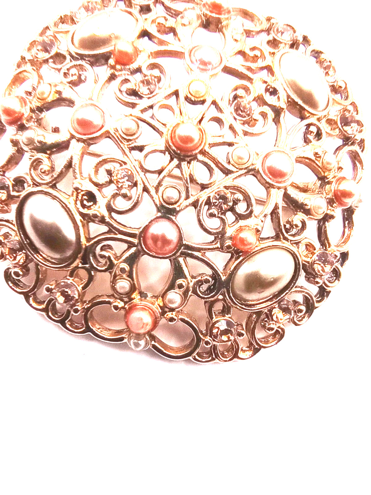 Vintage Filigree Brooch Champagne Colored White Faux Pearls Gold Tone 2 in D