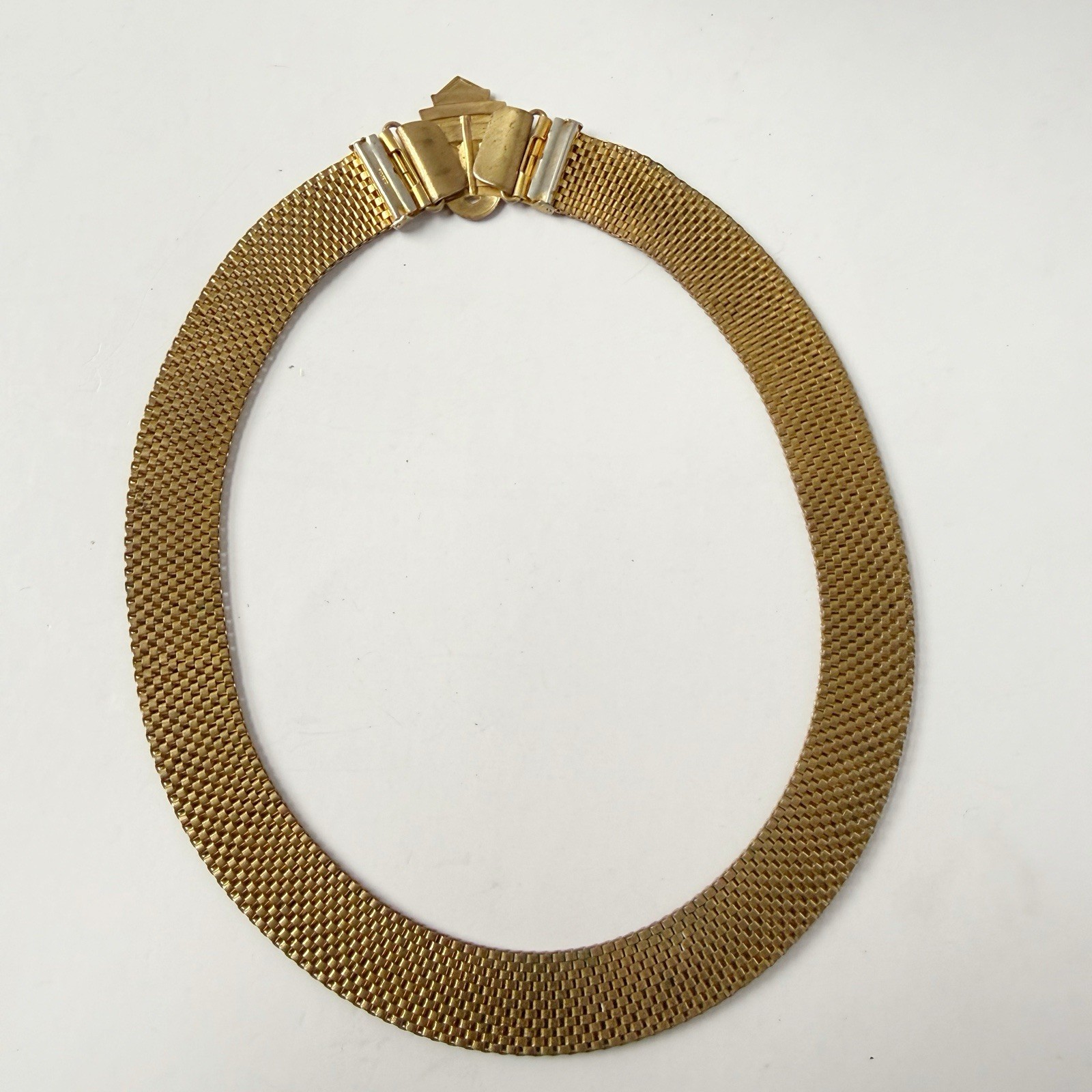 Antique Art Deco Egyptian Revival Enamel Geometric Mesh Collar Necklace 16”