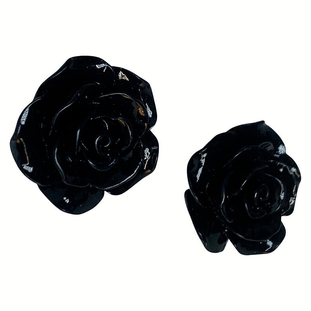 Black Rose Earrings Flower Button Stud 1″ Pierced Lucite Gothic Punk Indie