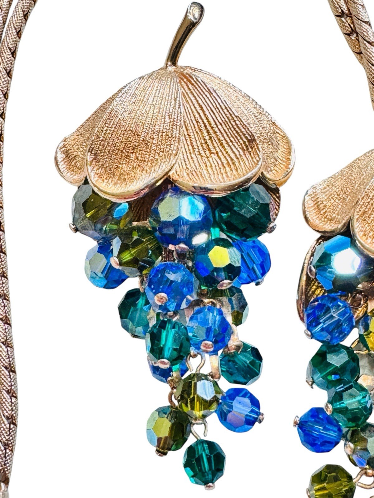Vintage Schrager Blue Green AB Glass Dangle Bead Necklace Brooch Earrings Set
