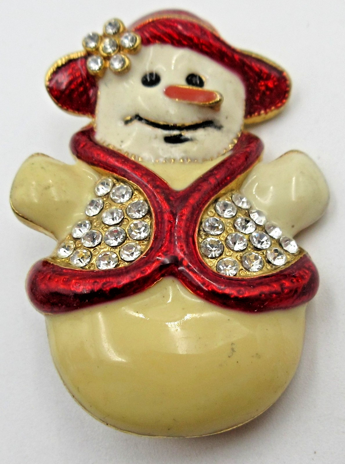 VTG SNOWMAN flower hat CLEAR RHINESTONE CHRISTMAS Brooch Pin red cream gold tone