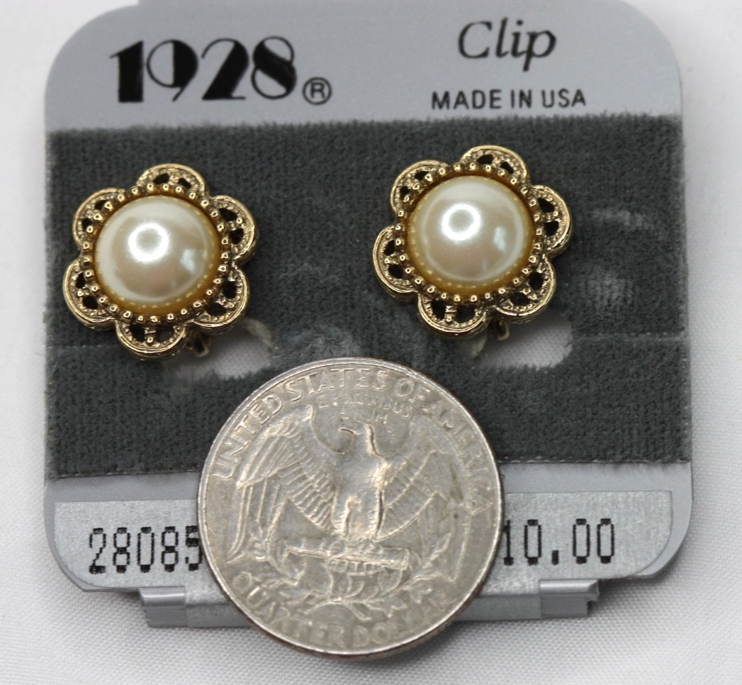 1928 Brand Faux Pearl Cabochon Earrings Ornate Victorian Revival Flower Clip on