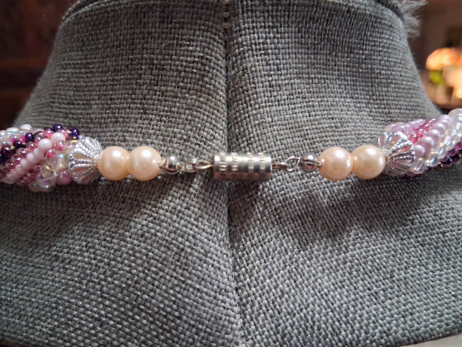 Twisted torsade necklace, pink, purple, & white glass seed bead, rope style