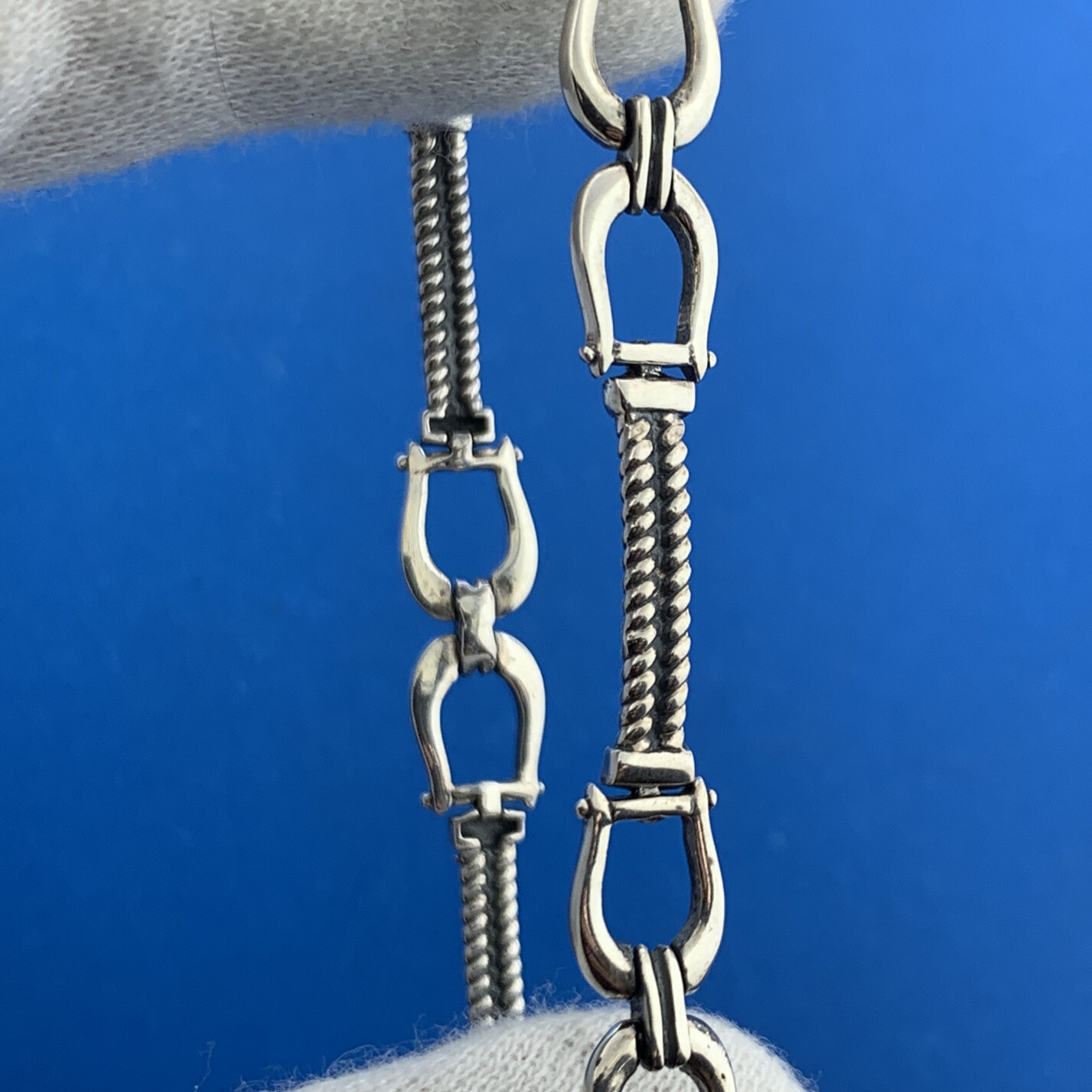 Vintage 925 Sterling Silver Belt Buckle Station Ribbed Bar Link Chain Bracelet