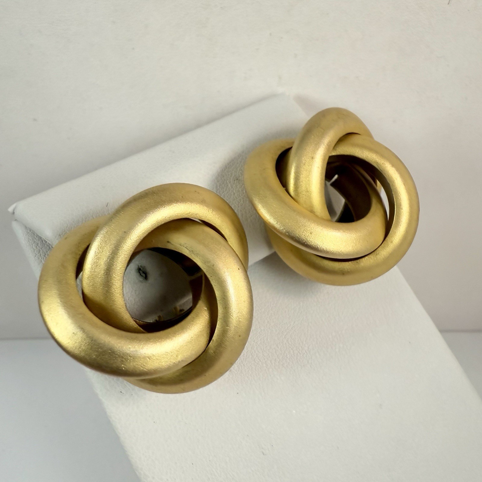 Vintage Chunky Knotted Satin Gold Tone Omega Back Clip on Earrings