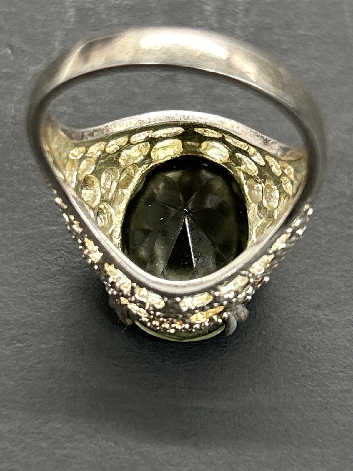 Vintage Sterling Filigree Cutout Ring With Smoky Green Stone Size 6-3/4 H19