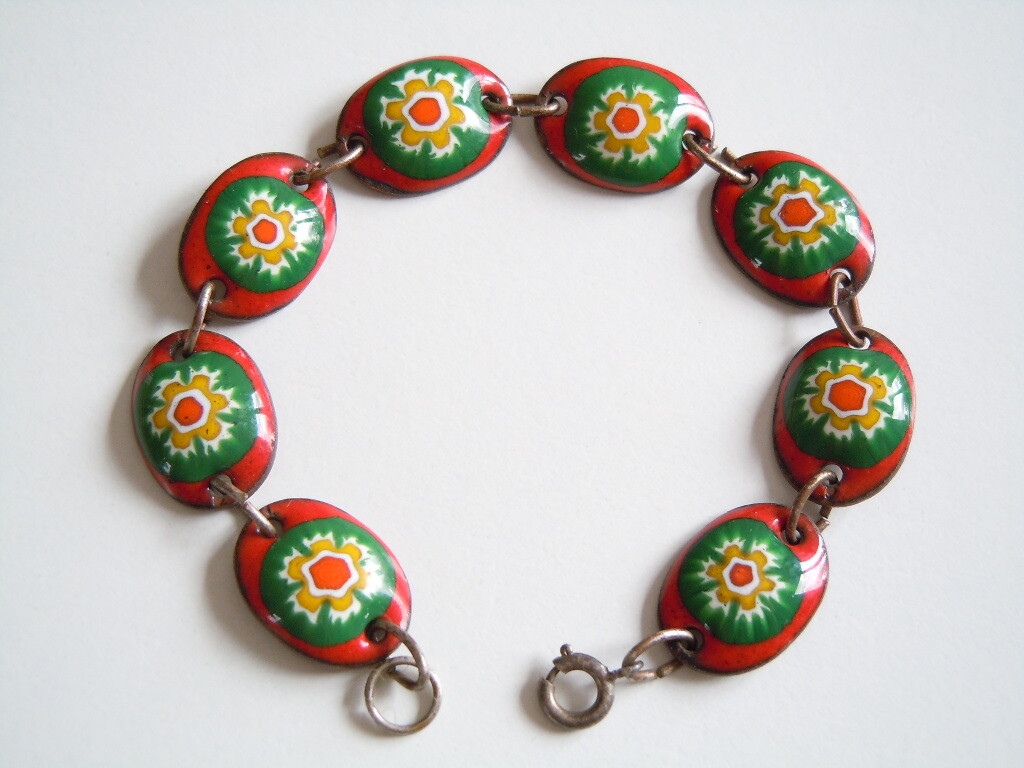 Vintage Bracelet Copper & Enamel Flower Designs 21.4 G / 19 Cm / B: 1.3 Cm
