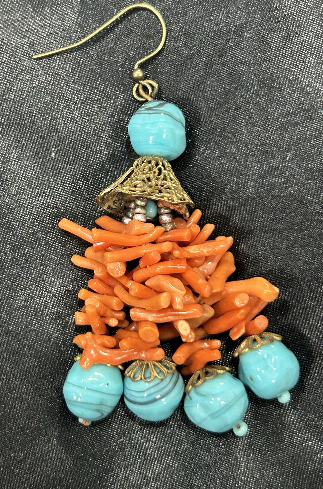 Vintage Coral And Art Glass Earrings Orange Turquoise Summer Beach Hot Dangle