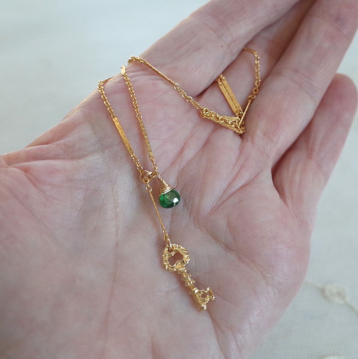 Emerald Green Crystal & Vermeil Key Necklace 14K Gold Filled Bar Link Chain