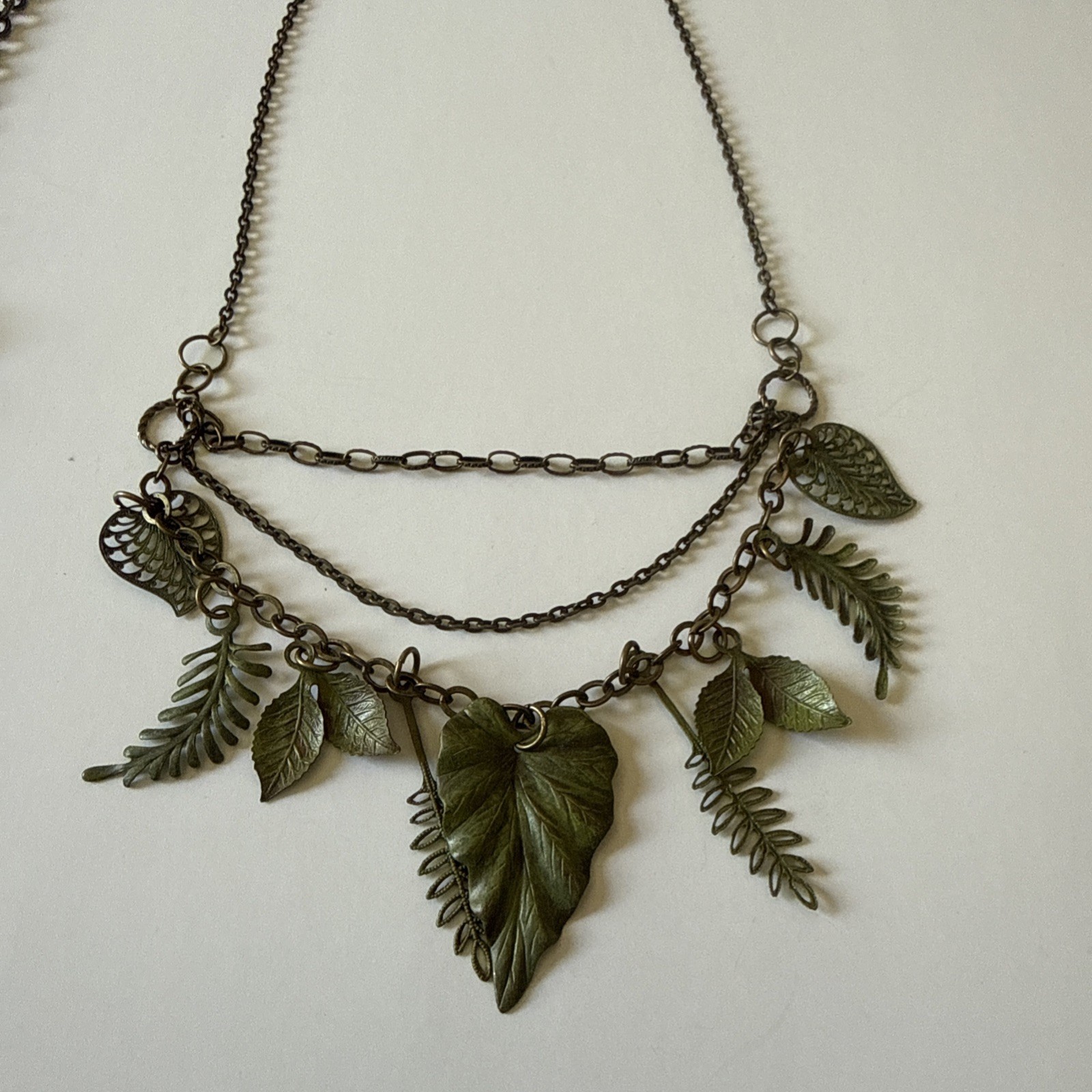 Lot Of 3 Vintage Sexy Nature Leaf Statement Metal Necklaces Gold Green & Black