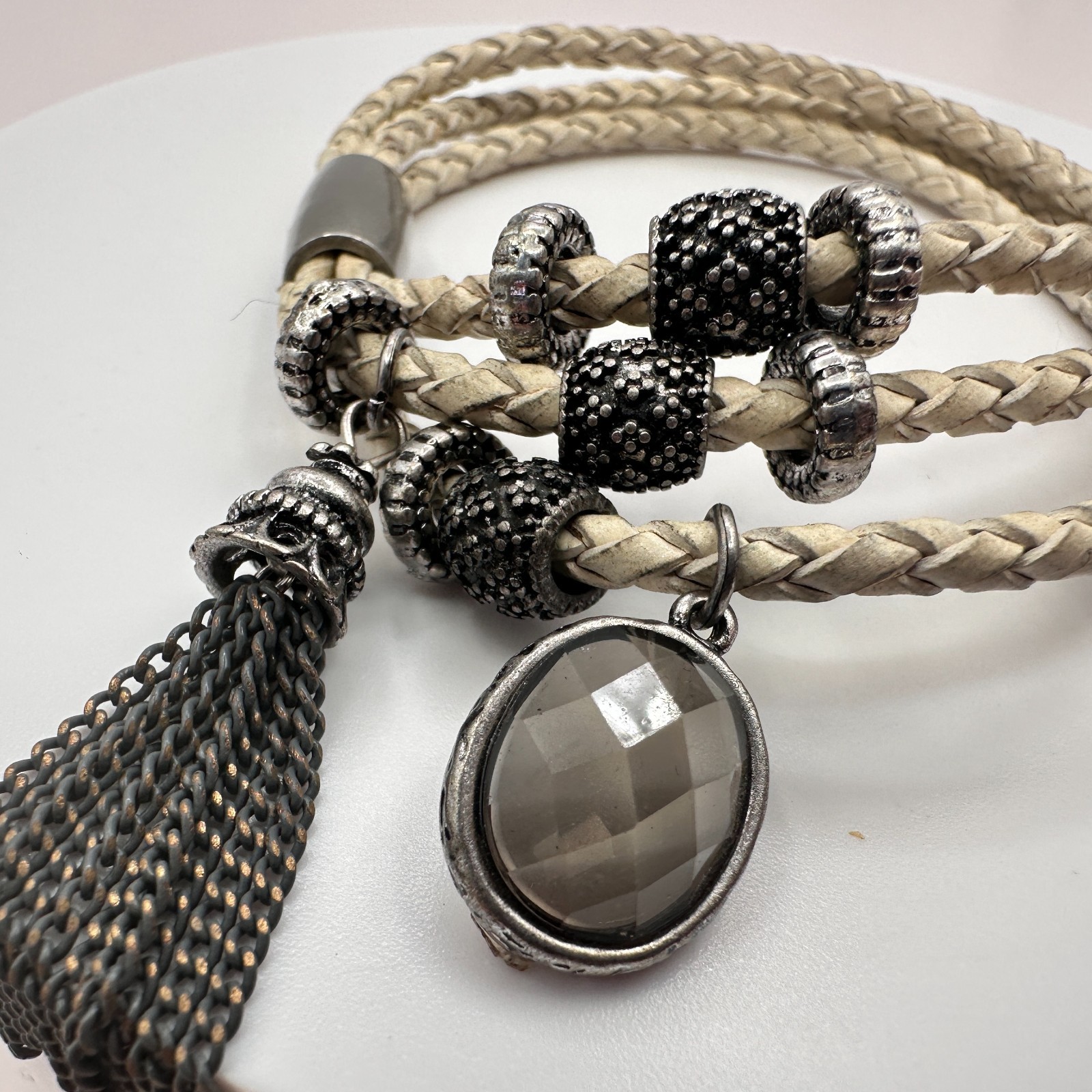 VTG Gunmetal Beige Leather Multi Strand Wrap Bracelet Tassel Charm Druzy Beads