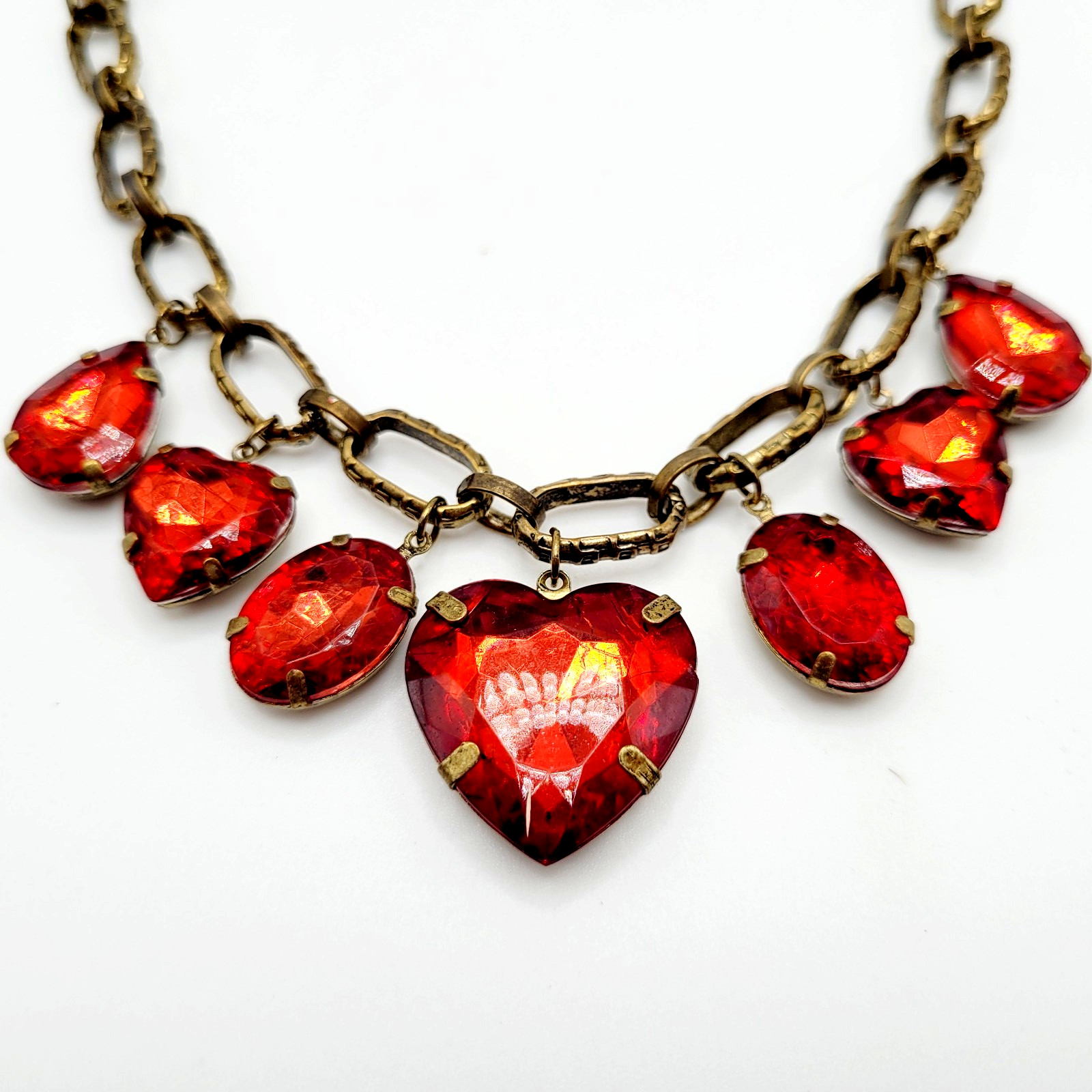 Red Acrylic Gem Statement Red Heart Brass Tone Large Link Vintage Necklace 17 In