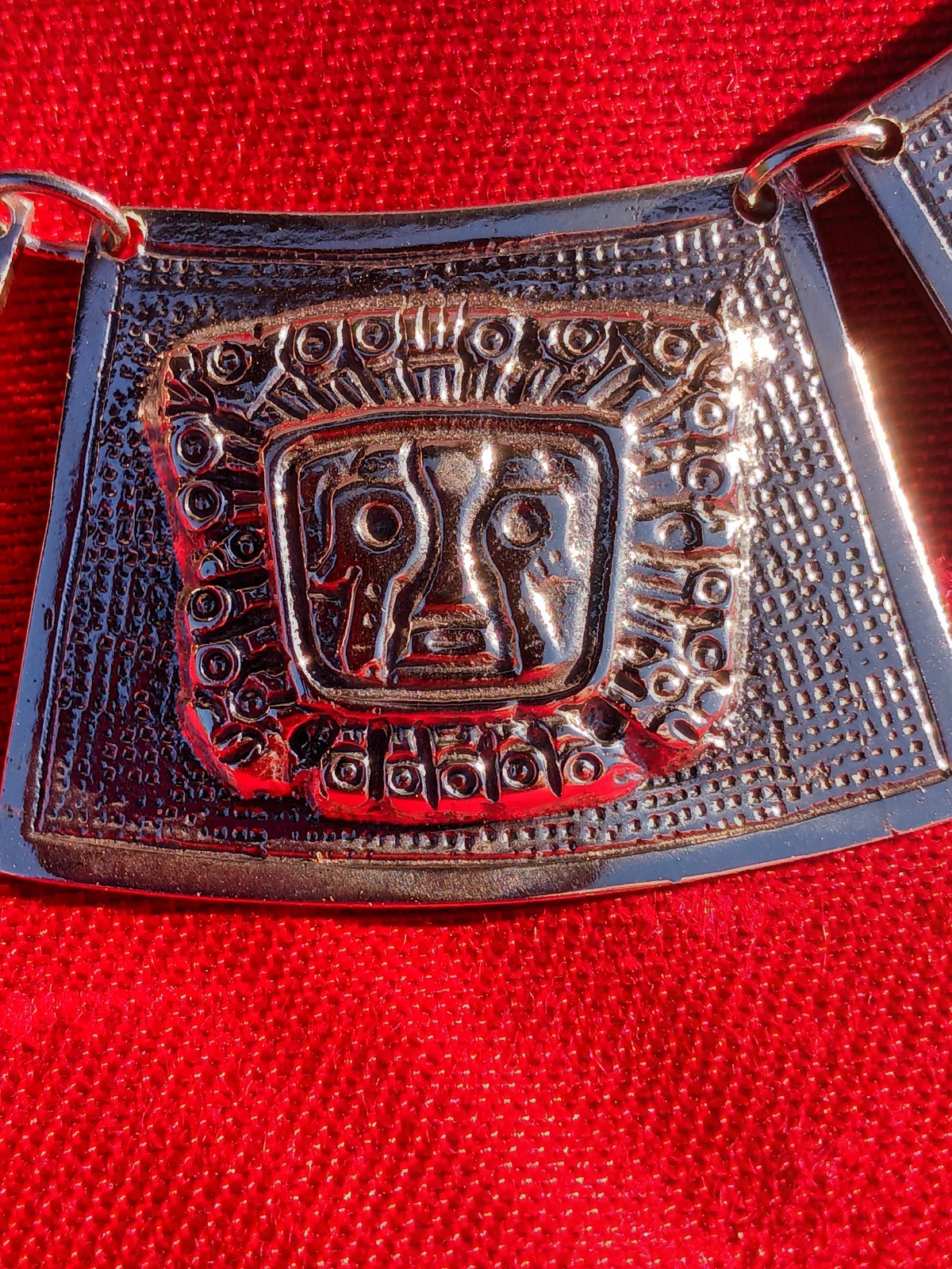 Large 64g 900 Silver Inca Dangle Pendant Necklace Handcrafted Tribal Pattern.
