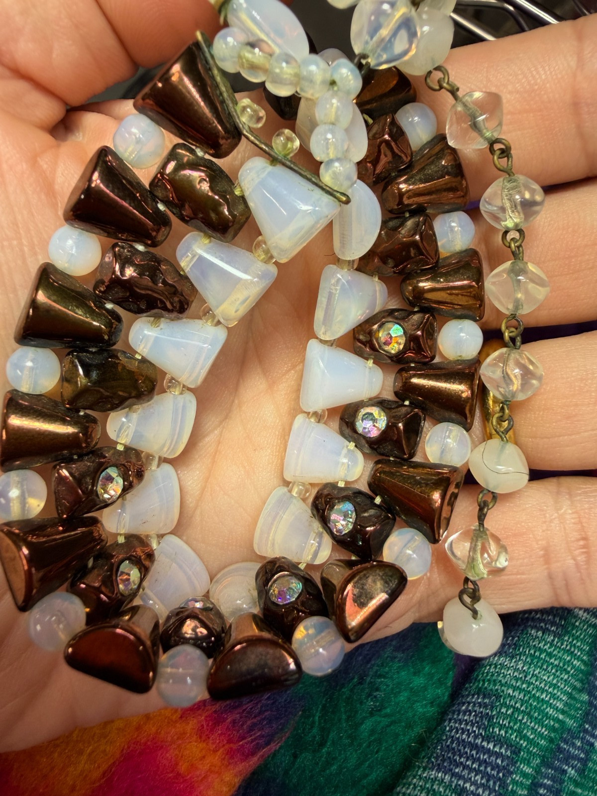 Vintage Necklace Western Germany Glass Collar Coppery Brown White PJ