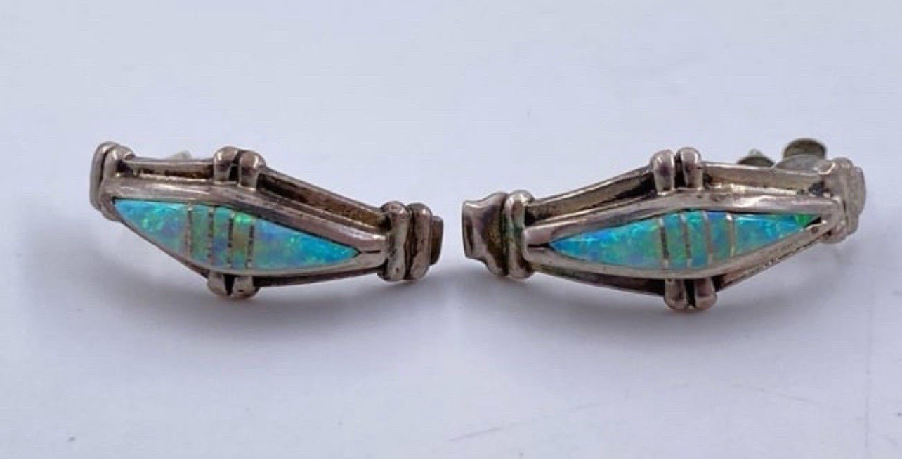 VTG Estate SIGNED E.K. STERLING SILVER 925 OPAL Tear Drop Stud MOSAIC EARRINGS
