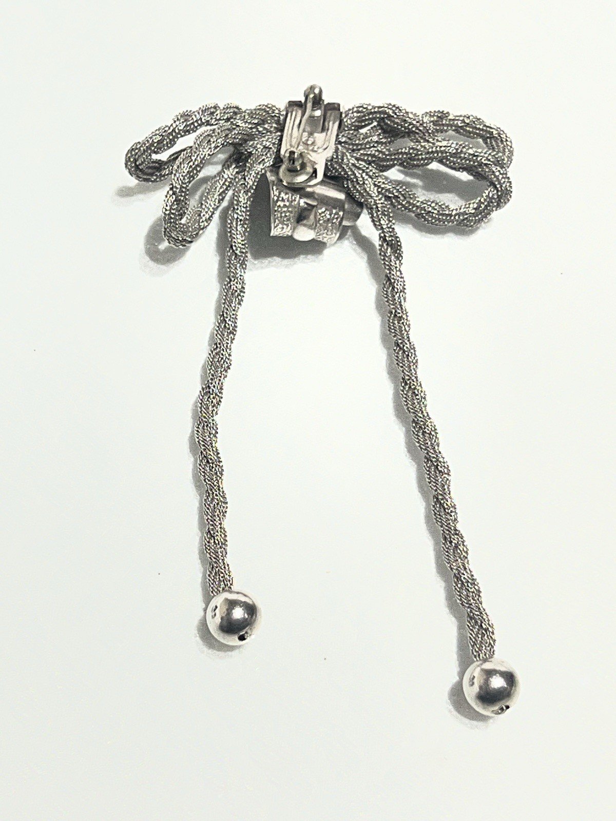 Vintage Silver Tone Woven Mesh Ribbon Bow Brooch Pin Dangle Tassel Retro 1970s