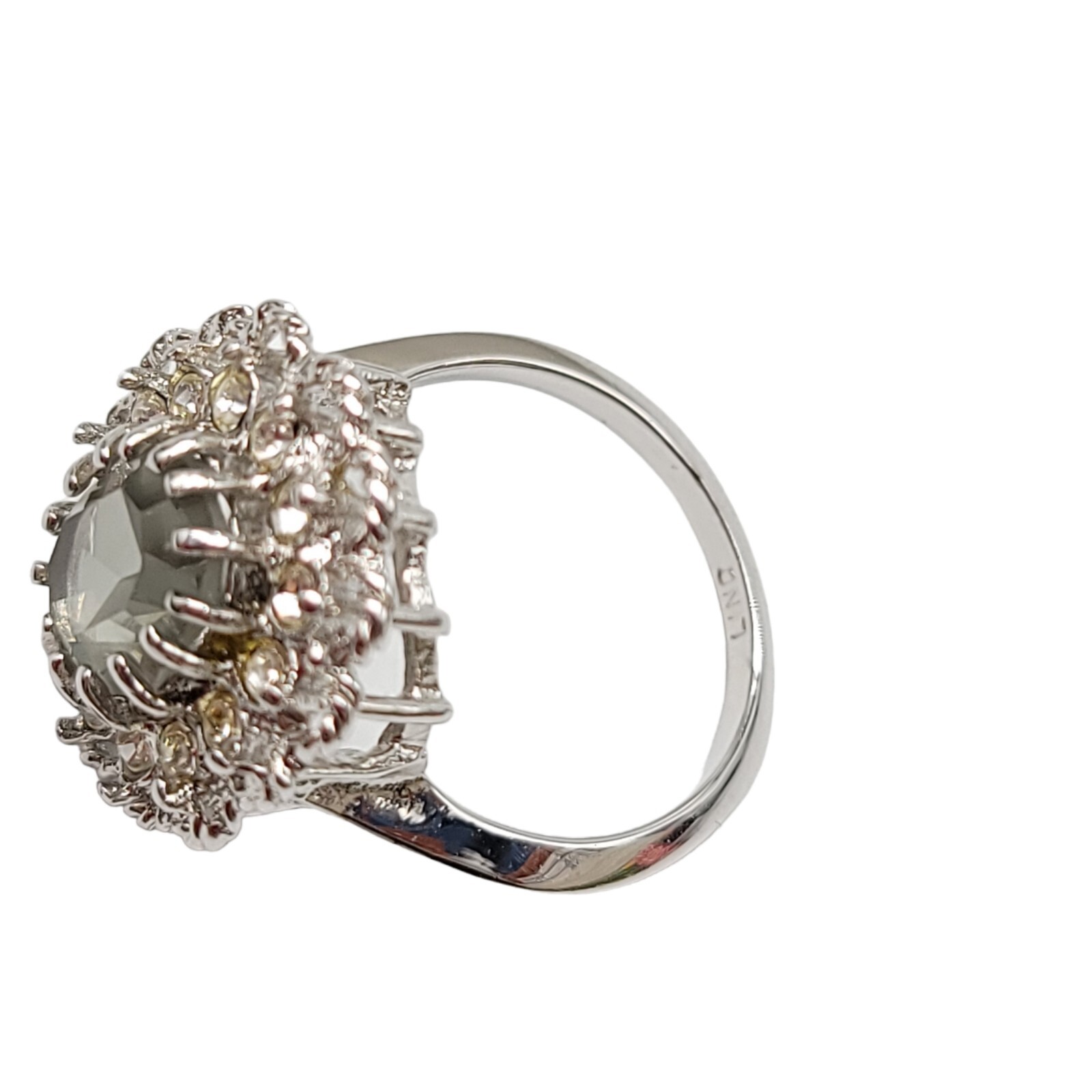 Lind Gray Grey Clear Glass Rhinestone Openwork Flower Silver Plated Ring Size 7