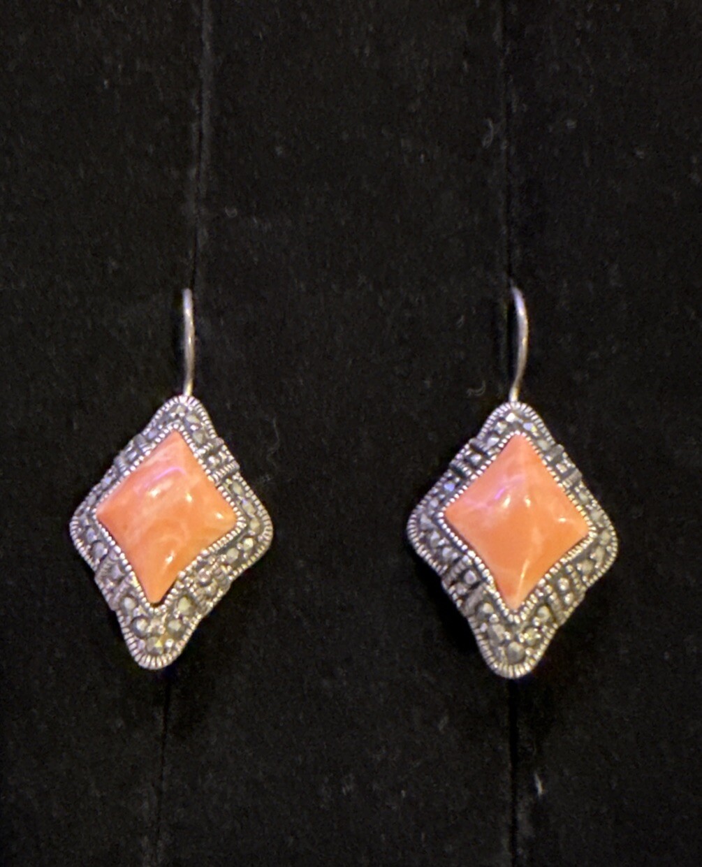 Vintage 925 Sterling Silver Marcasite & Faux Coral Earrings 1.5”