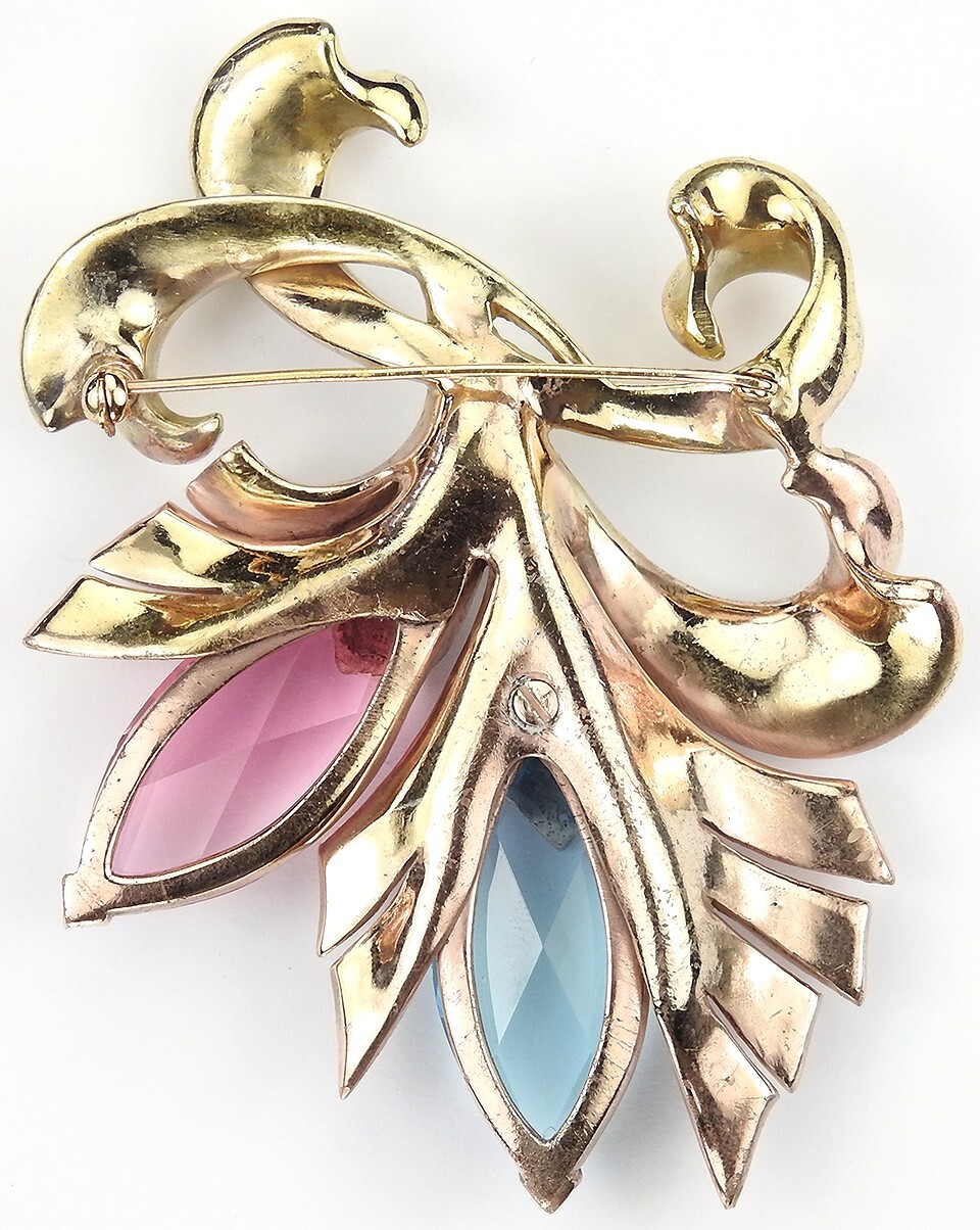 MB Boucher 3 Colour Gold Lozenge Cut Blue & Pink Topaz 2 Flower Spray Pin