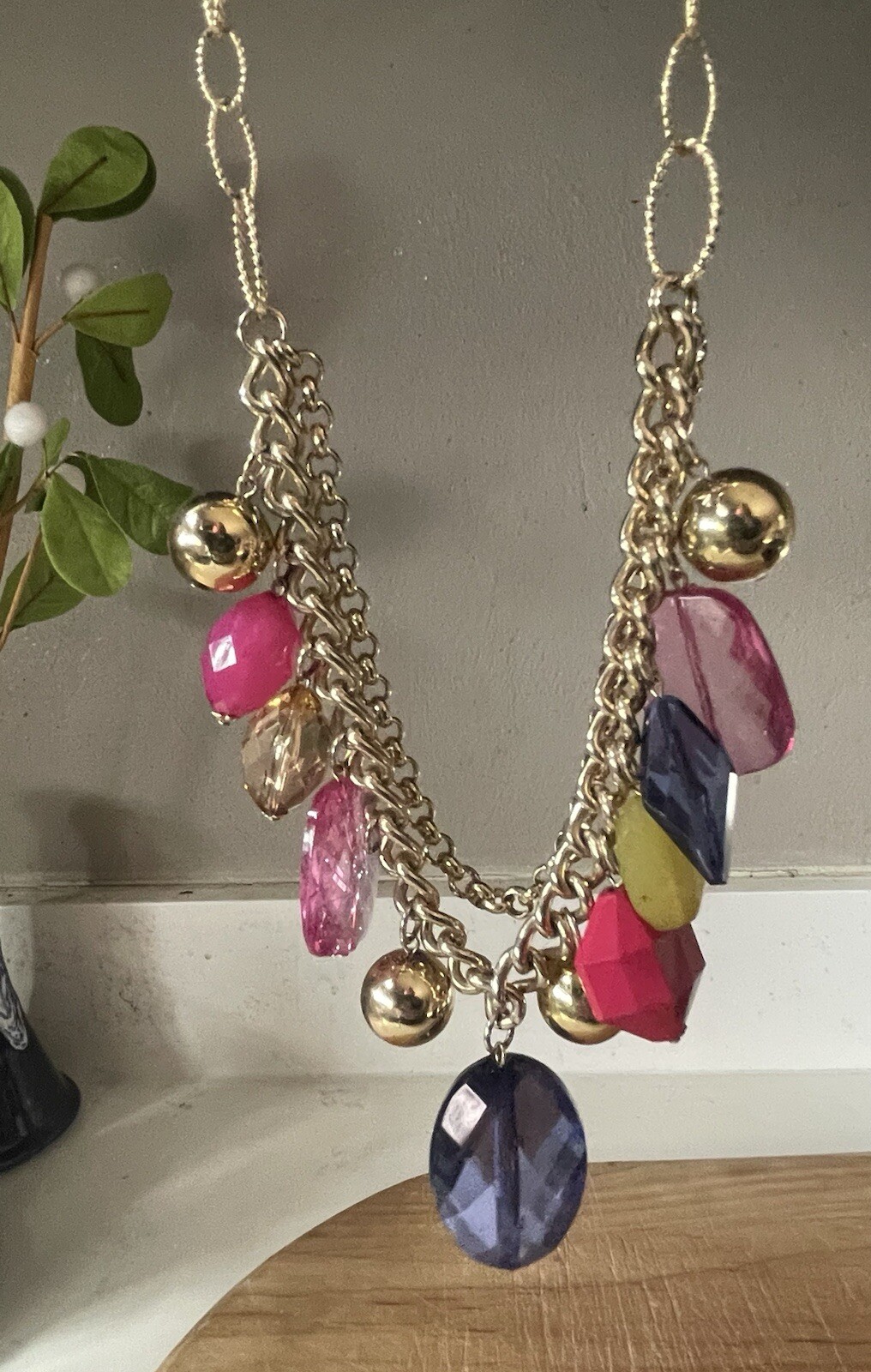 Bright Pastel Multi-Colored Faceted Faux Gem Gold Tone Double Chain Necklace 20”