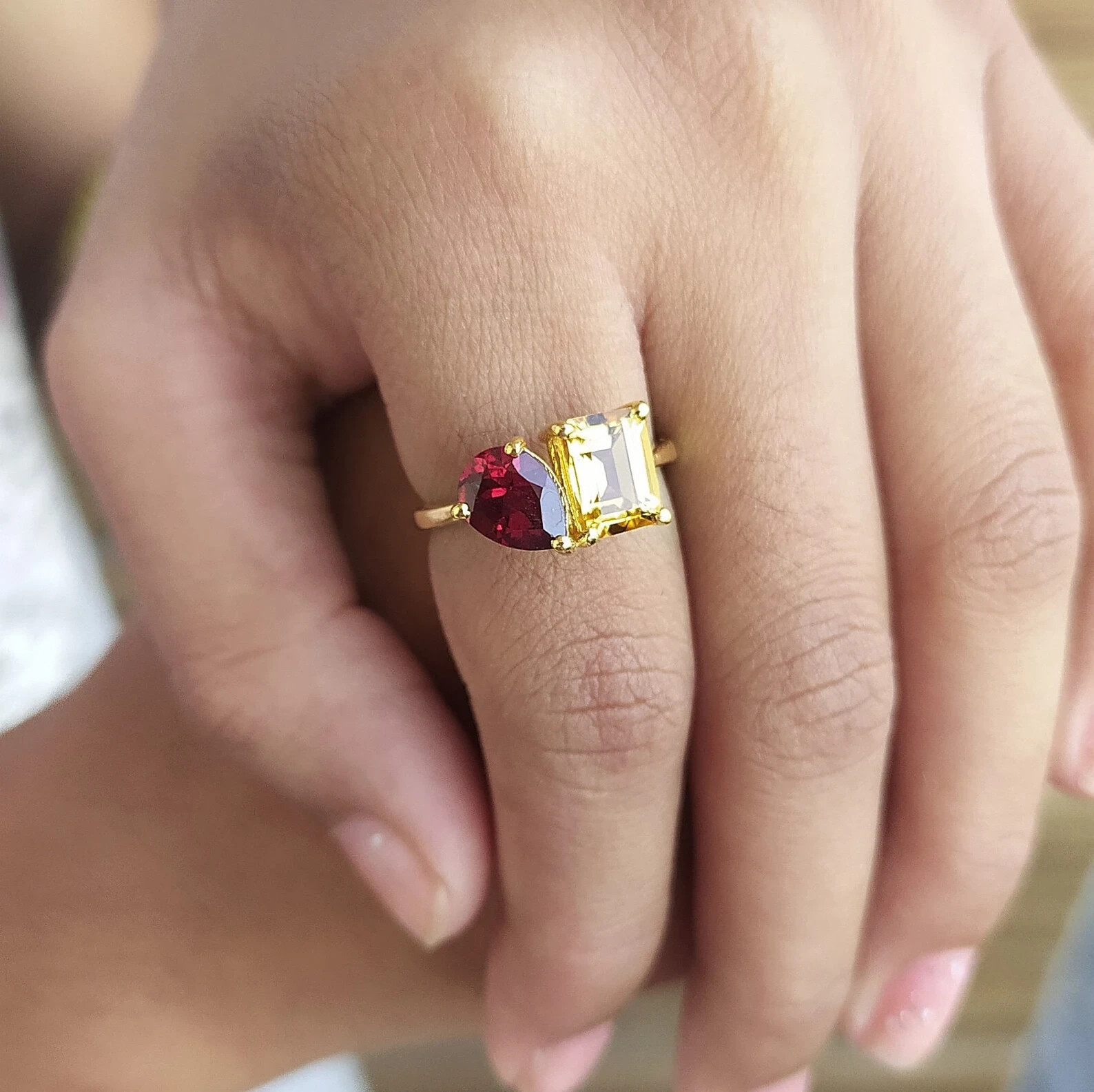 14K White Gold Plated Emerald and Pear Cut Lab Created Citrine & Garnet Ring