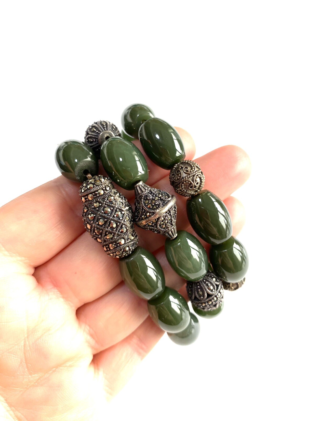 VTG Artisan Handmade Stretch Set Of 3 Natural Green Stone Silver Bracelet Sz S