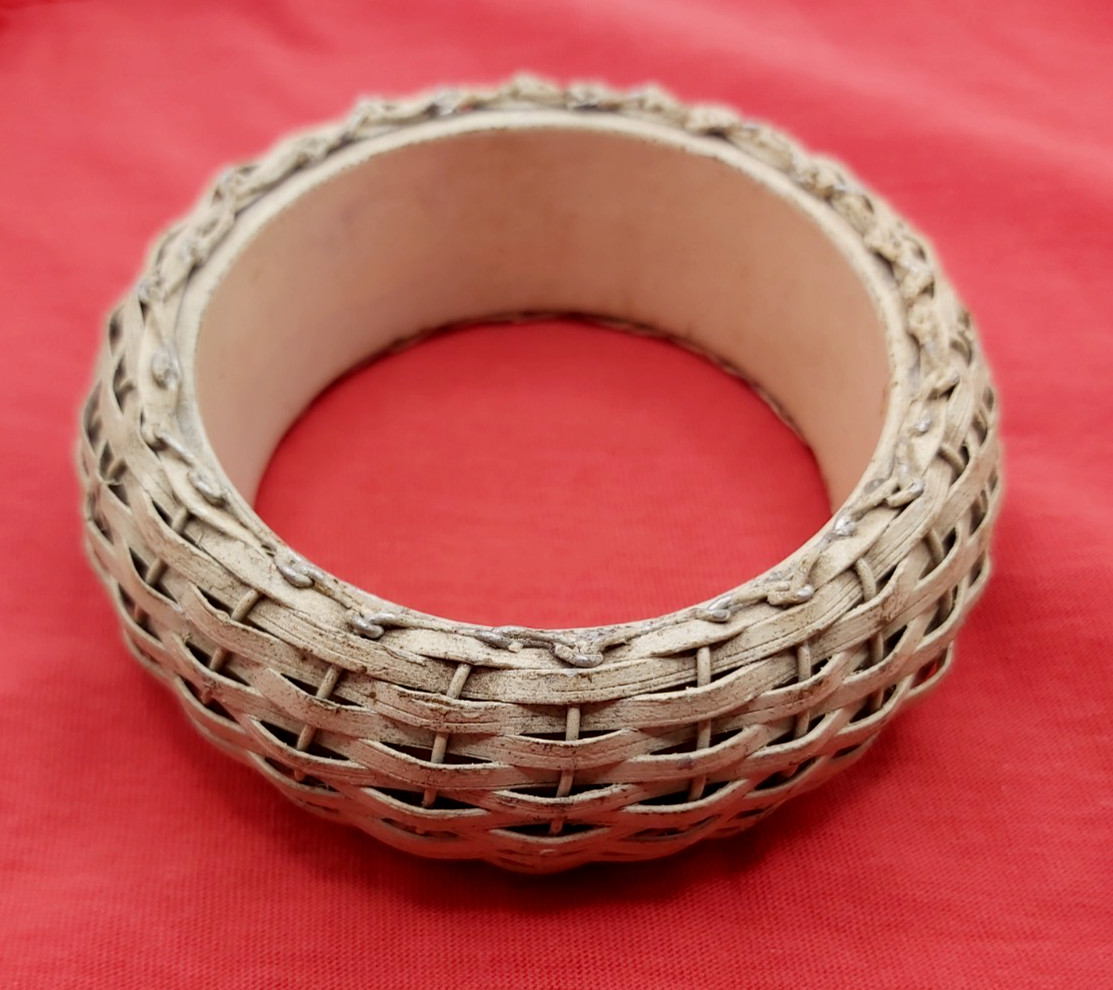 Vintage Ethnographic Woven Rattan Fiber Bangle Wire Bound Chunky Statement Brace