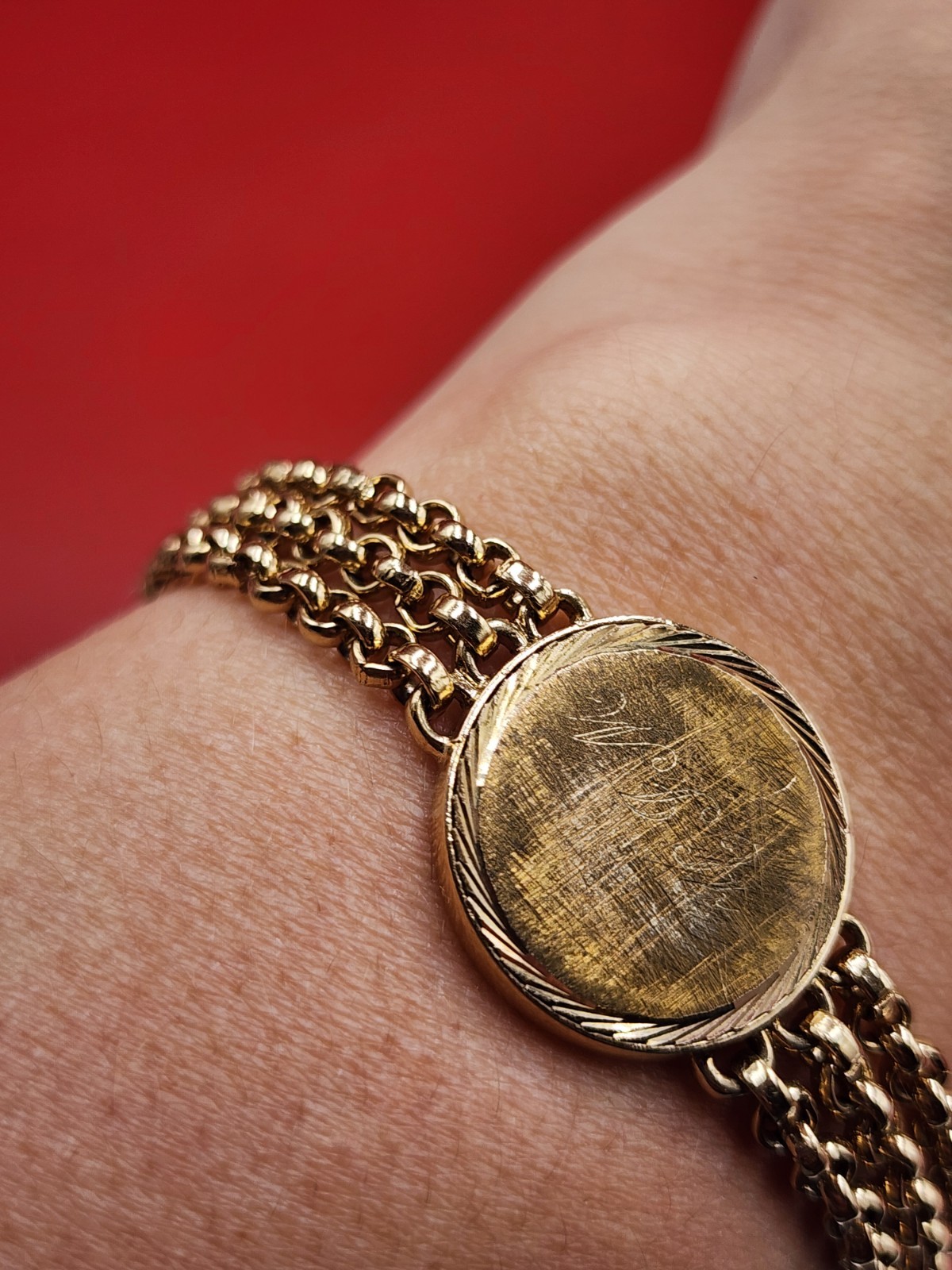 Vintage Speidel 1970s Engrave ID- style Plate Triple Band Gold Metal Bracelet