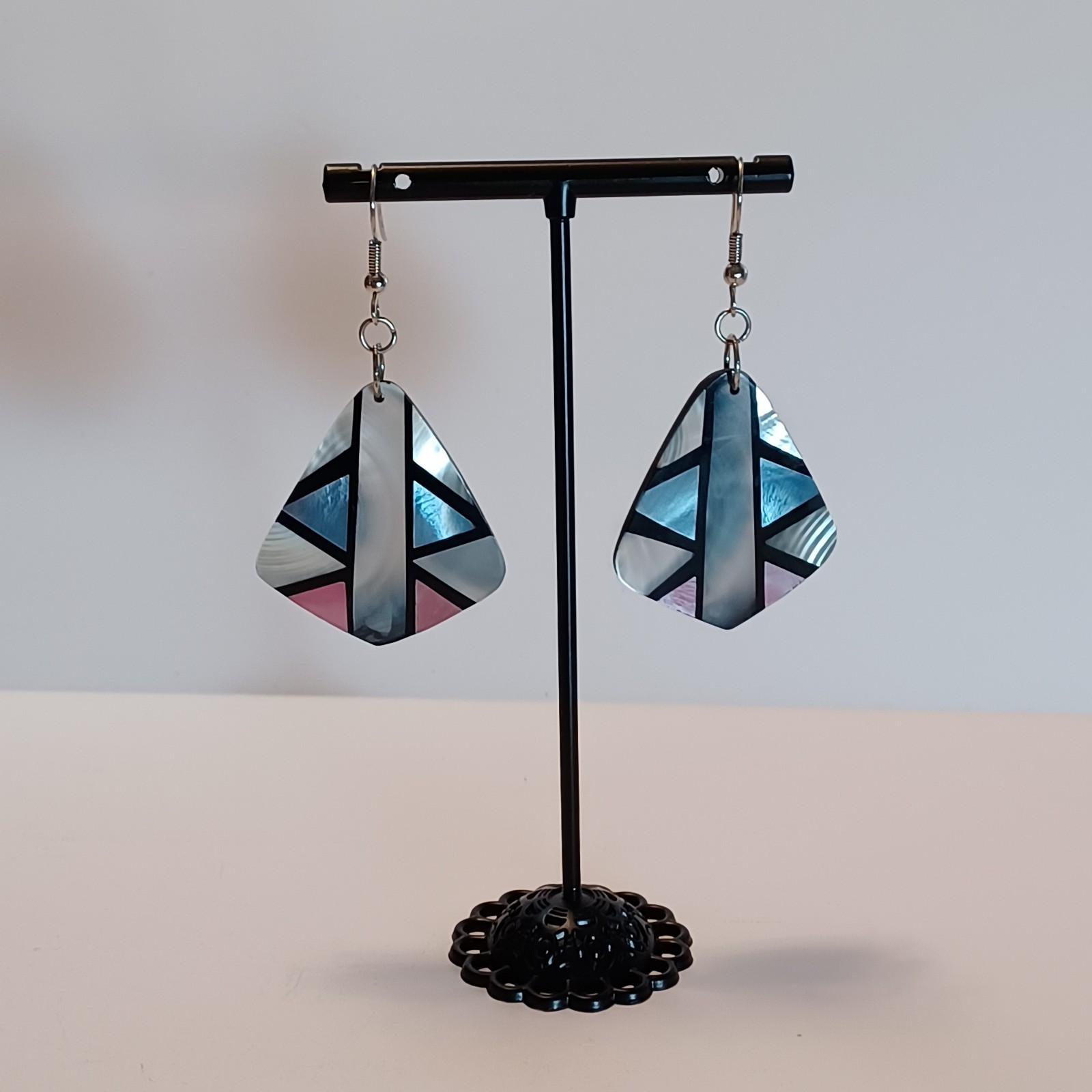 Vintage Shell Inlay Earrings Pink White Blue Black Gray