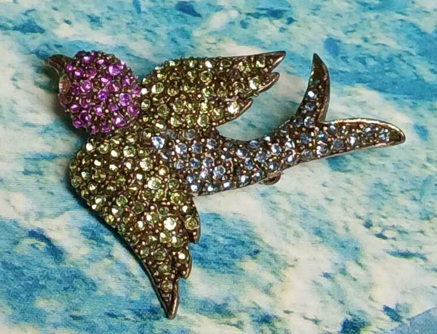 Vintage Silver Tone Sparrow Brooch Adorned w/Green Purple and Blue Rhinestones