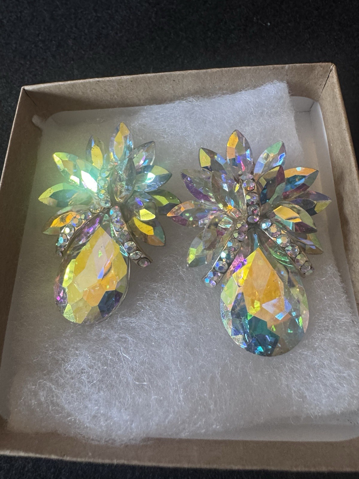 Vintage Aurora Borealis Rhinestone Earrings AB Crystal Floral Unbranded Clip On