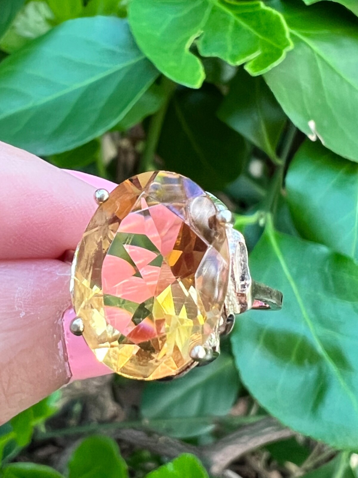 VINTAGE LARGE OVAL HONEY GOLDEN CITRINE STATEMENT RING GILDED 925 STERLING SLVER