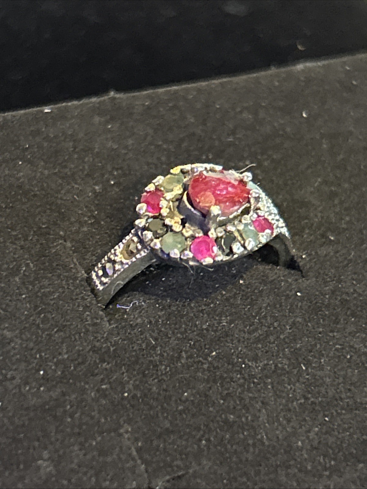 Vintage 925 Sterling Silver Ruby Sapphire Jade Marcasite Ring Size 7.5