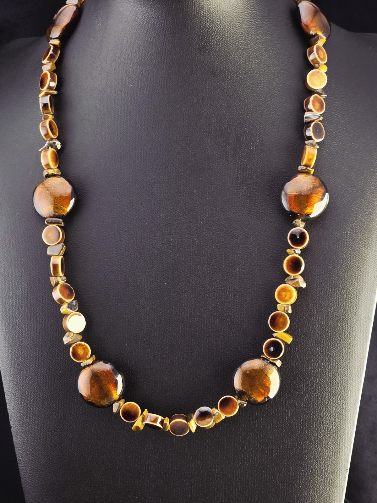 Vintage TIGER’S EYE Glass Goldstone Necklace Chunky BOHO Earthy Statement 21″
