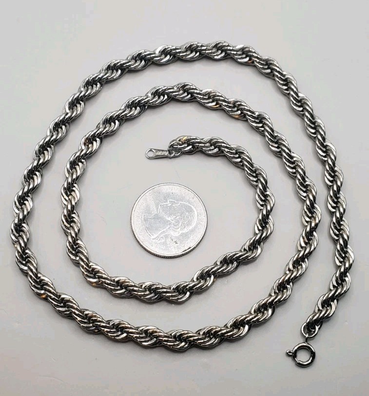 2 Vtg Twisted Rope Chains: Avon Heavy 24″, Silvertone & Black 30″