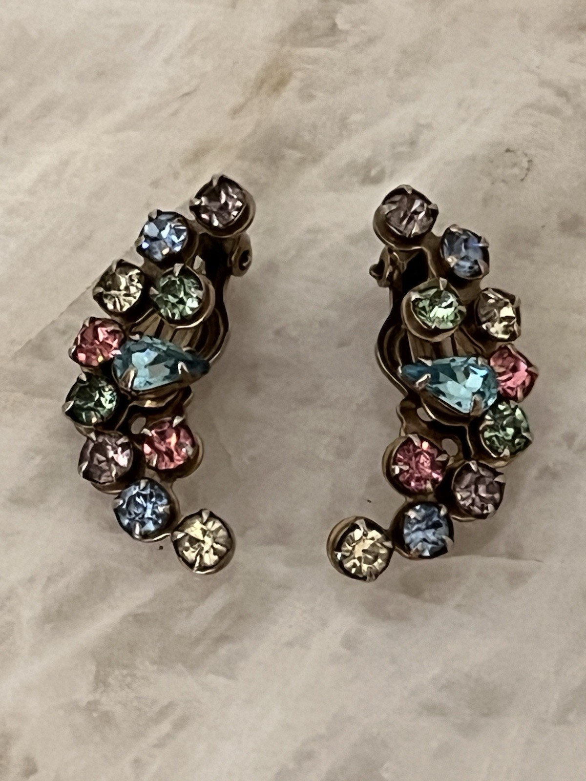 Rhinestone Clip On Earrings Purple, Blue And Clear Evening Wear