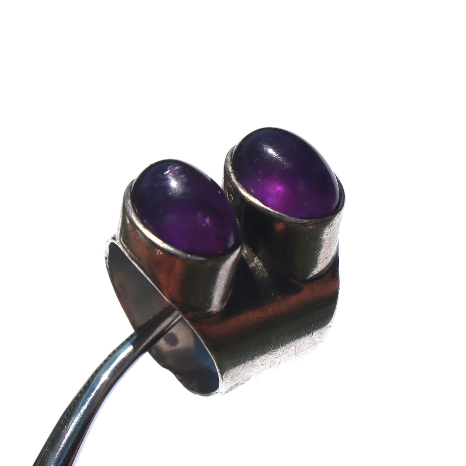 Estate Contemporary Sterling Silver Double Amethyst Statement Right Hand Ring sz