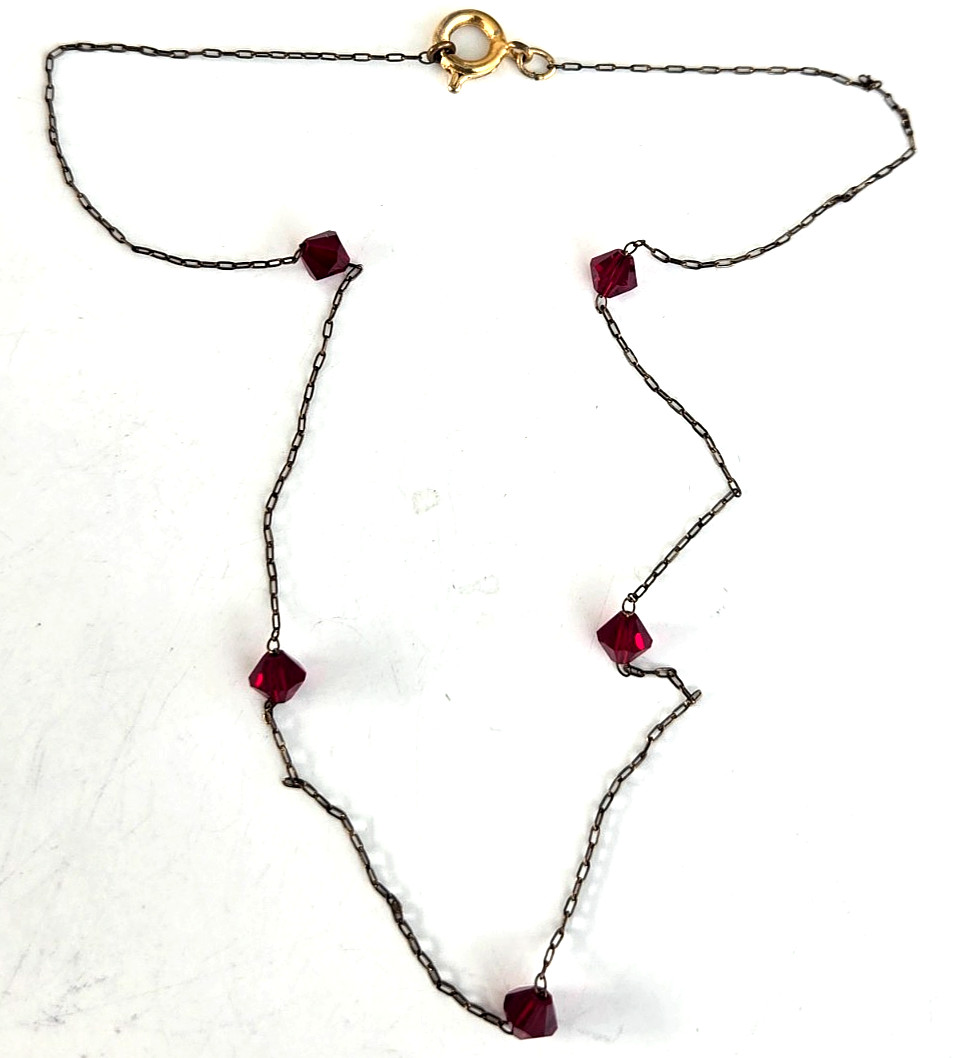 Vintage Red Bicone Crystal Bead Antiqued Gold Tone Chain Choker Necklace 14.25″