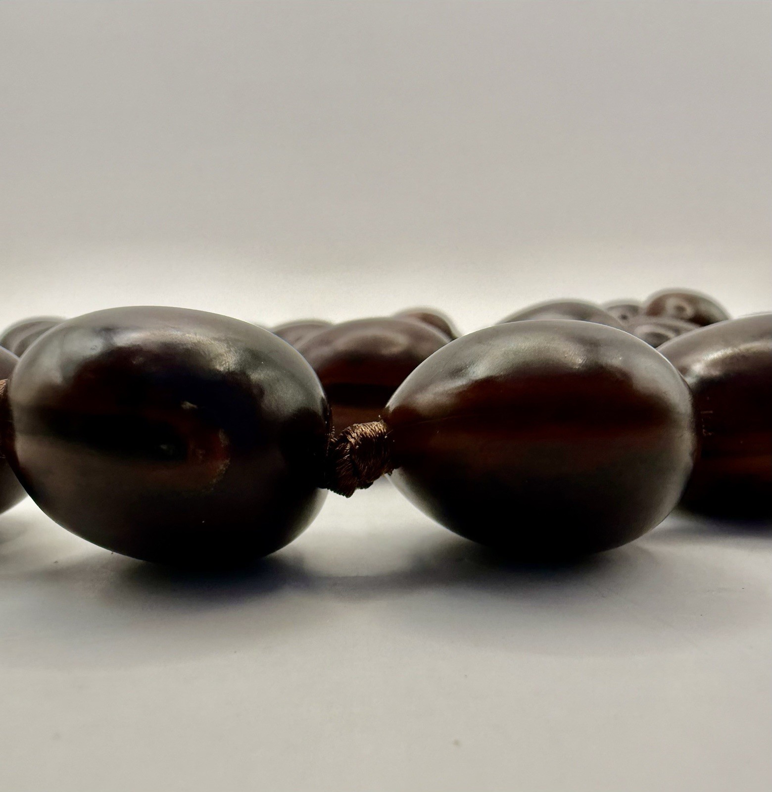 Vintage Long Chunky Brown Tagua Nut Bead Necklace Boho Tribal Hand Knot Ribbon