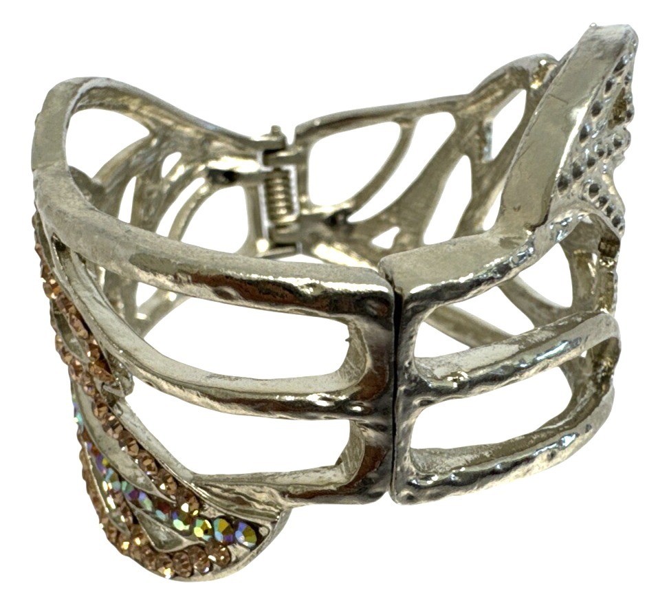 Silver Tone Rhinestone Leaf Design Hinged Bracelet Open Filigree