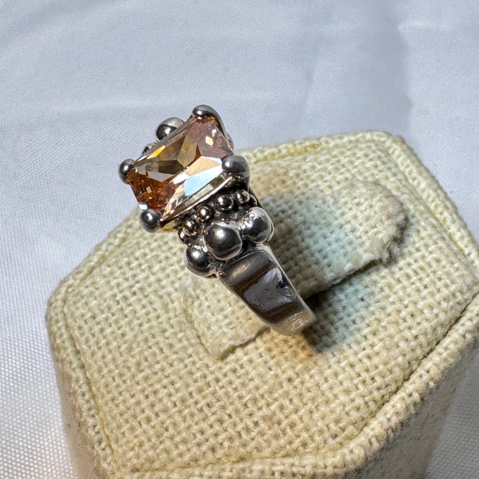 Emerald Cut Peach CZ Beaded Tapered Shoulders VTG Sterling Silver 925