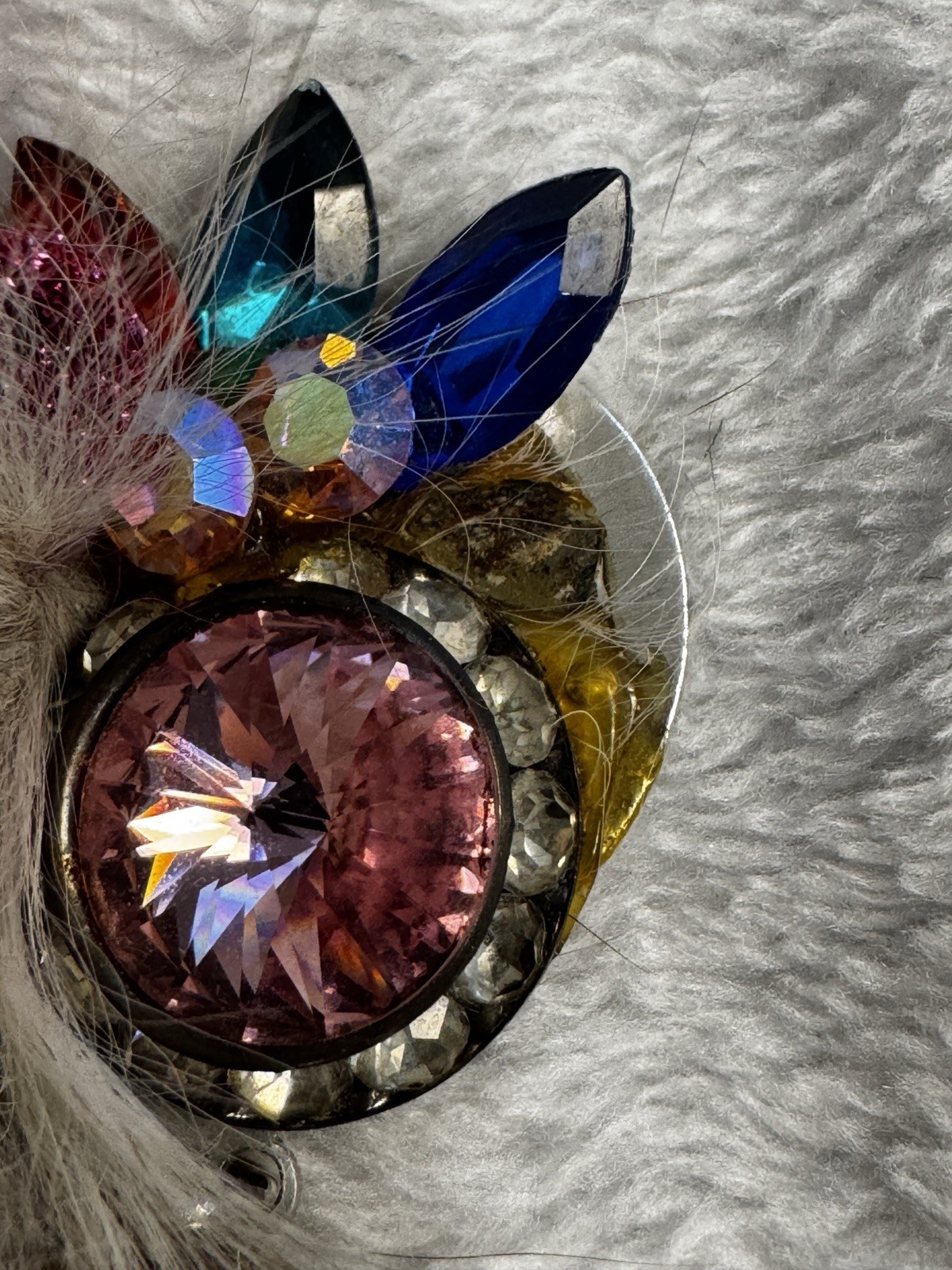 Vintage Bonetto Lady Face Watch Brooch Pin Faux Fur Rhinestone Dangle Watch