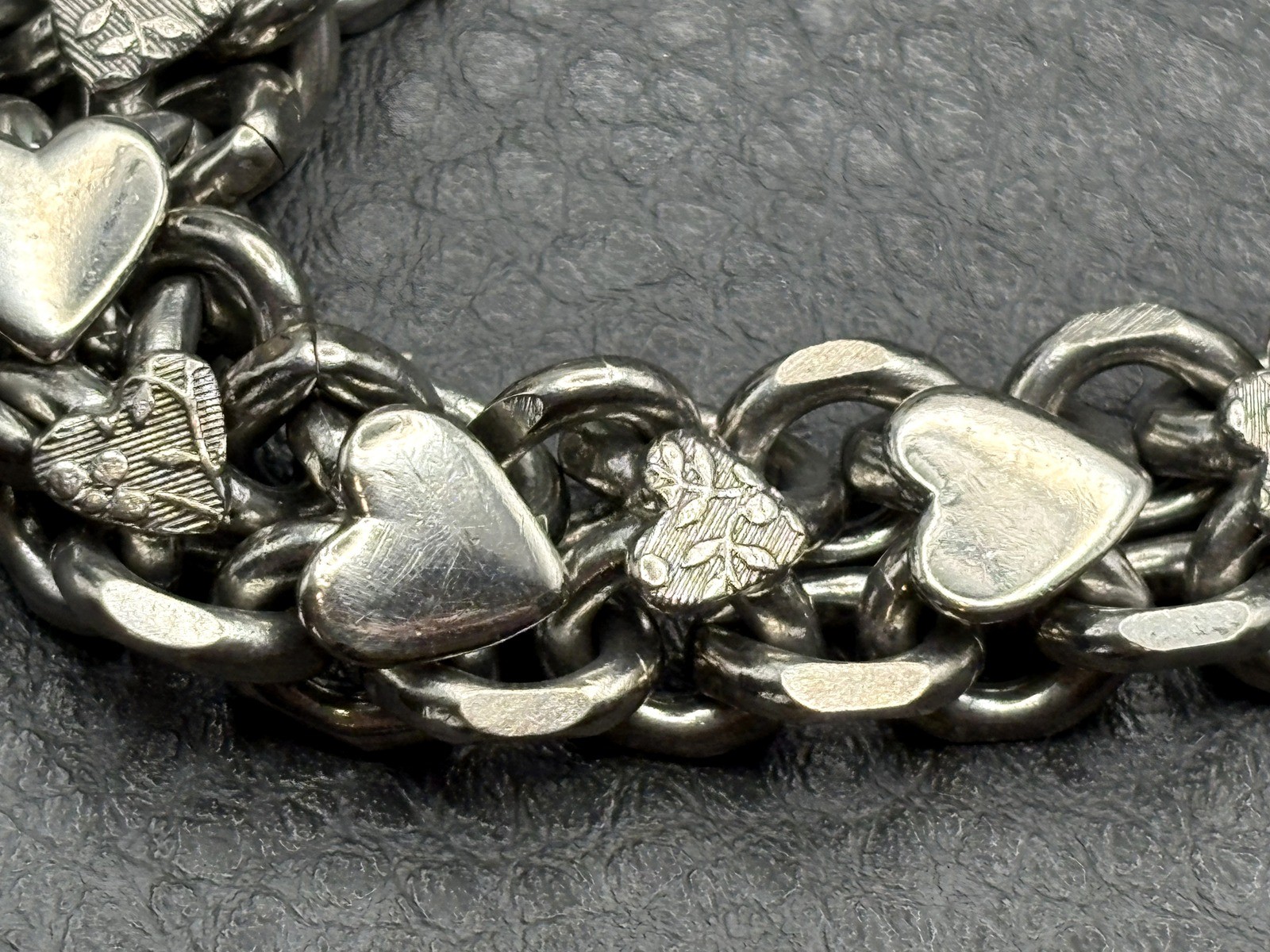 Vintage Heavy Chunky Silver Tone Heart Charm Starter Cuban Link Chain Bracelet