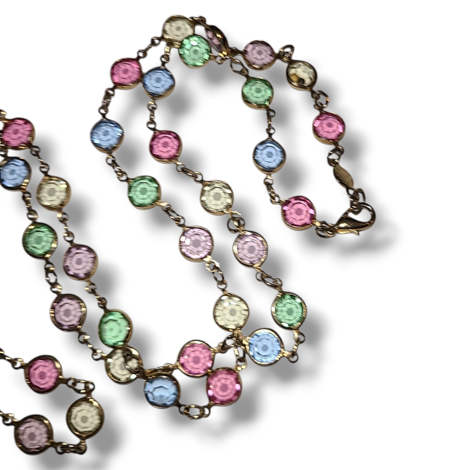 Austrian Crystal USA Vintage Necklace Multi-Color Open Bezel Gold Signed 34″