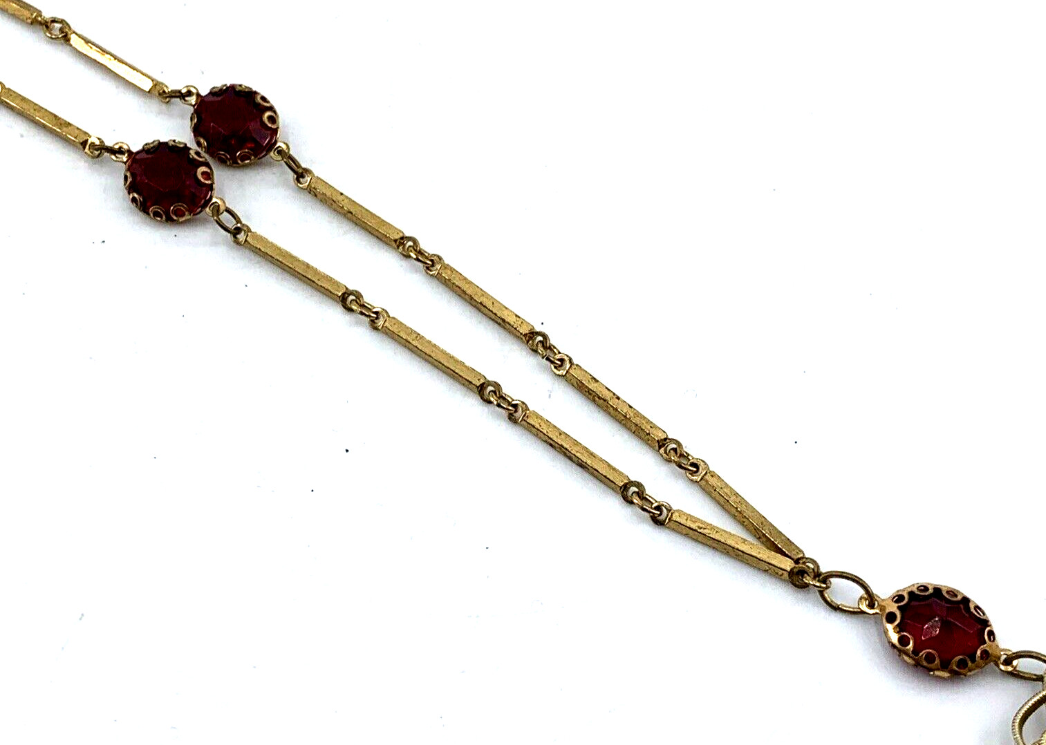 Statement Necklace Medallion Faux Baroque Pearl Red Glass Gold Tone 26″ Vtg