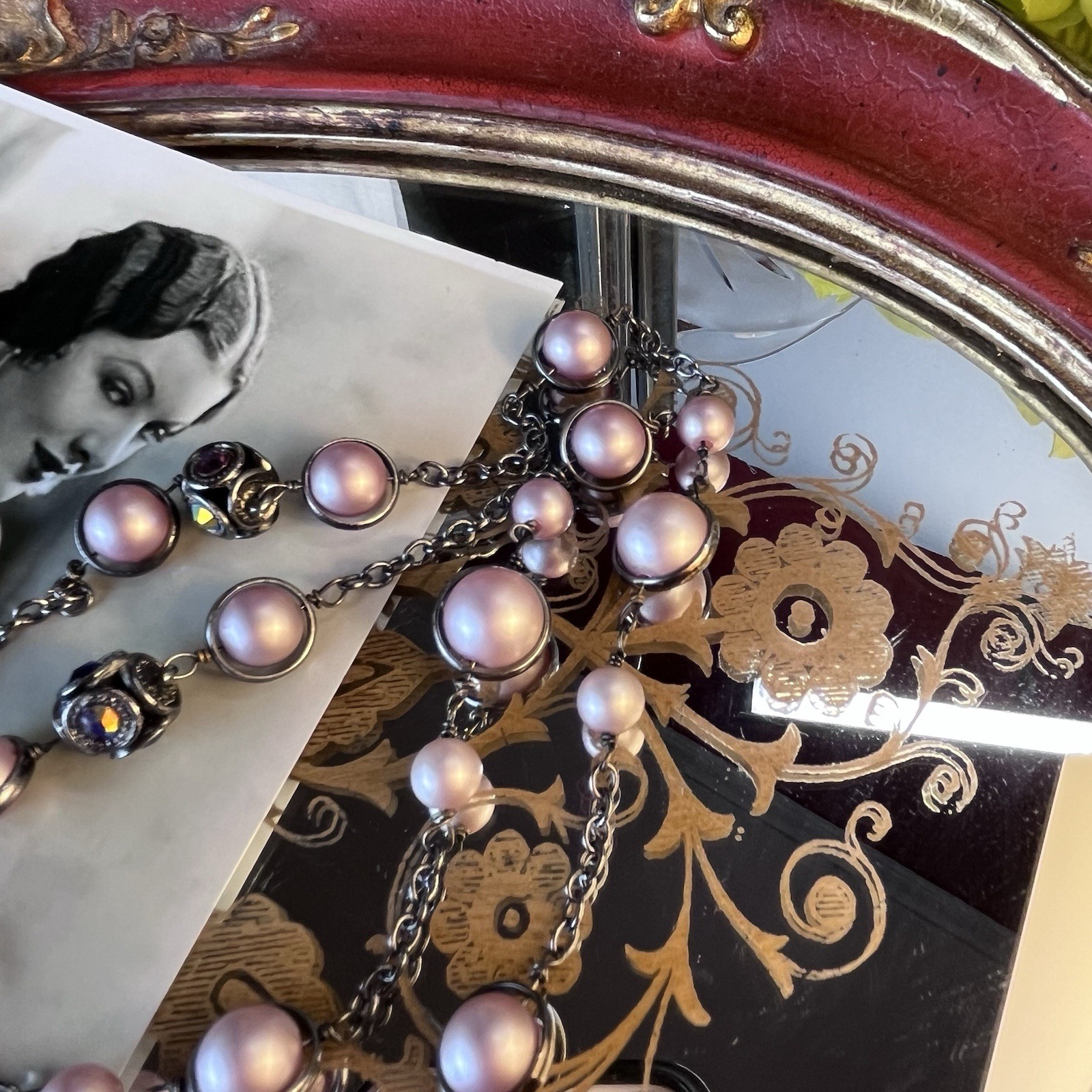 Vtg Coldwater Creek 52” Lavender Beaded Sautoir Necklace – AB Crystals -Gunmetal