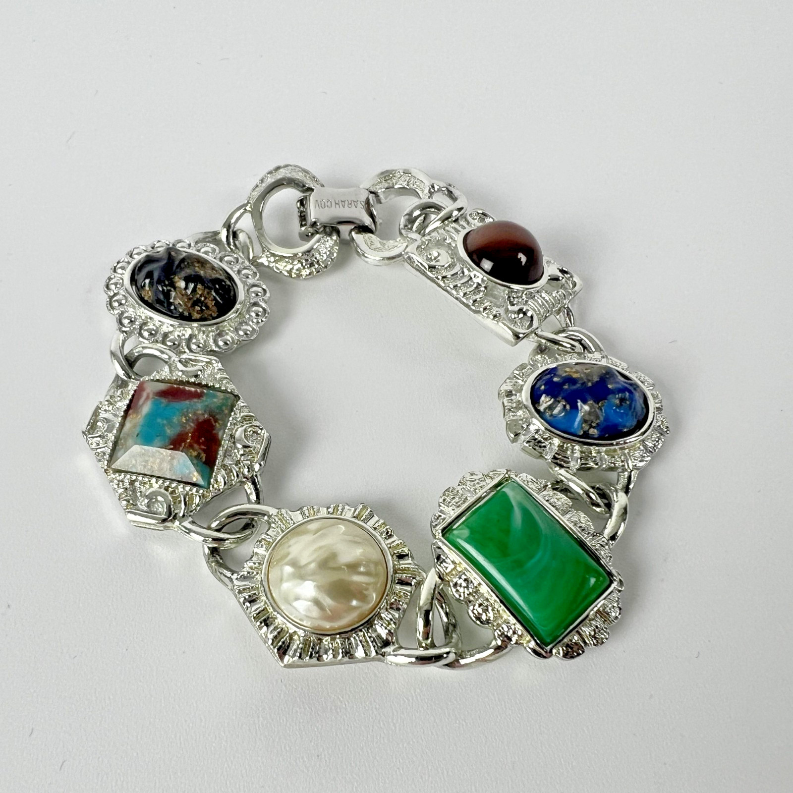 Sarah Coventry Multi Stone Bracelet Silver Tone Faux Pearl Cabochon Vintage